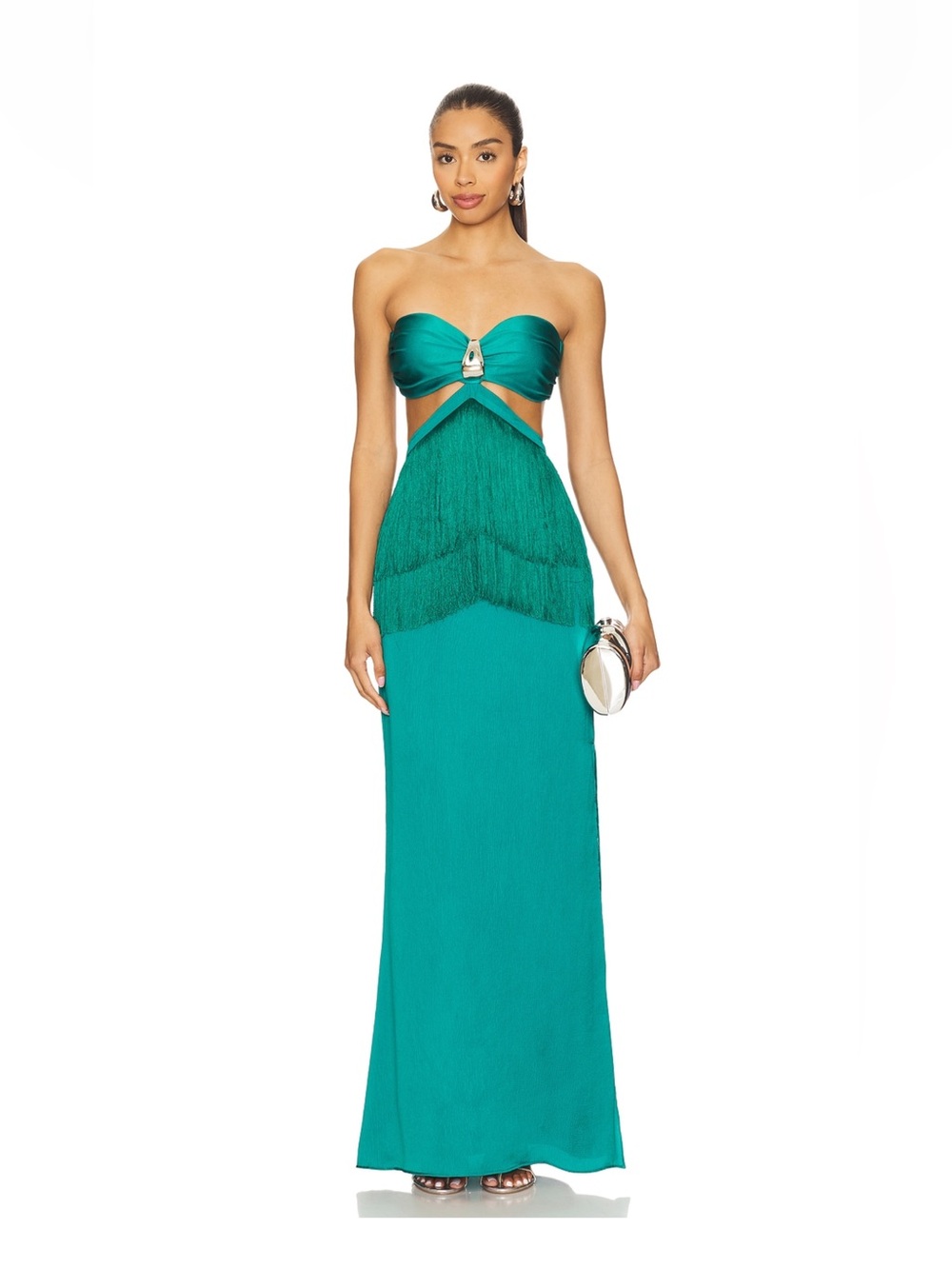 Baobab Collection Strapless Teal Fringe Cutout Gown
